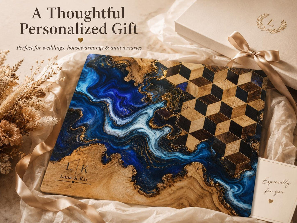 Personalized Glass Cutting Board, Blue Resin & Wood Design (8x11 or 11x15)
