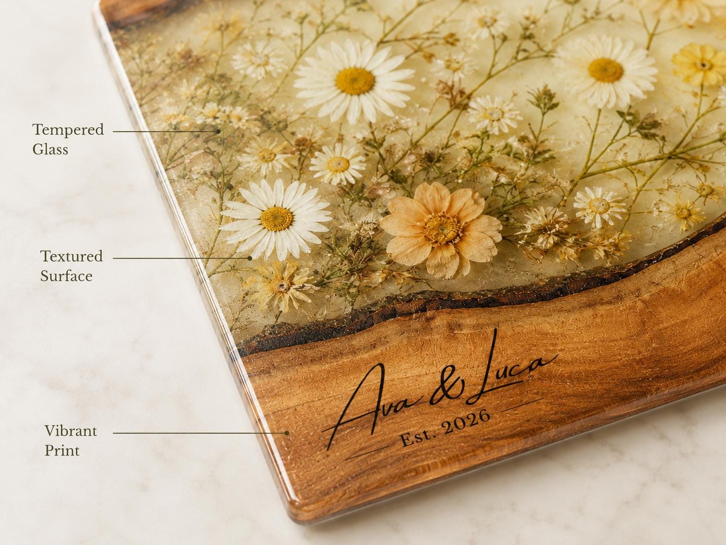 Personalized Floral Cutting Board, Neutral Daisy Glass Board, Custom Wedding Kitchen Gift
