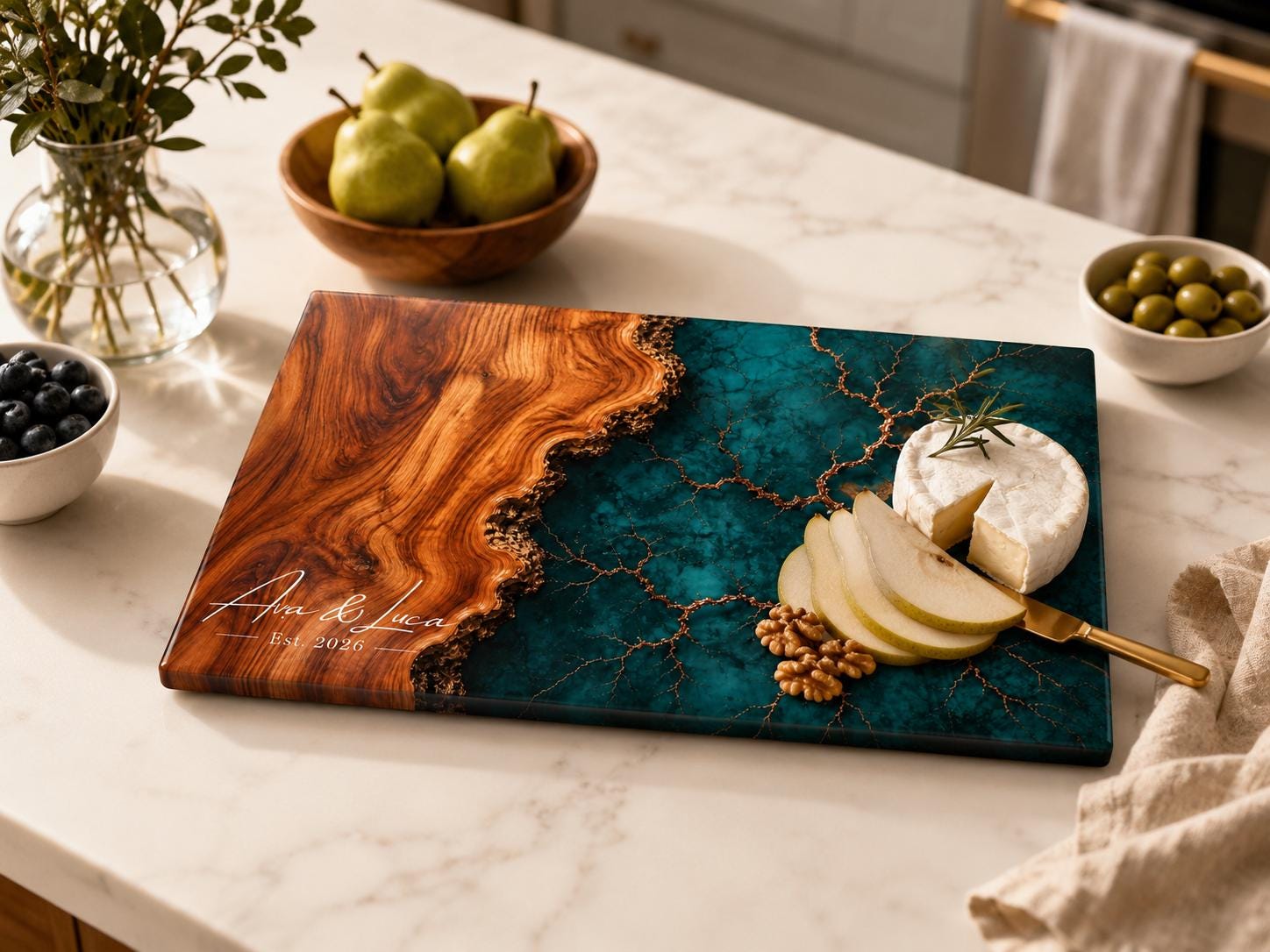 Personalized Charcuterie Board, Dark Teal Marble Glass Cutting Board, Custom Couple Gift