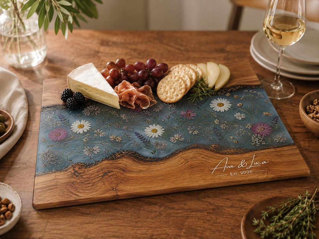 Personalized Cutting Board, Blue Floral Cheese Board, Custom Kitchen Gift