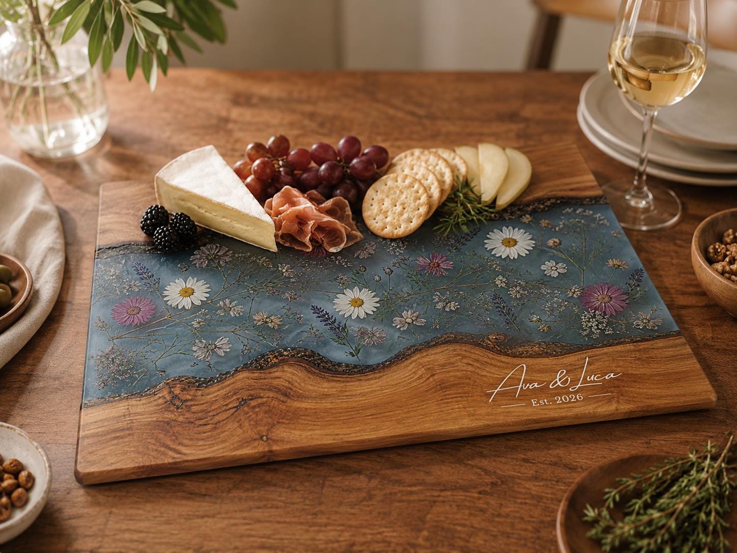 Personalized Cutting Board, Blue Floral Cheese Board, Custom Kitchen Gift