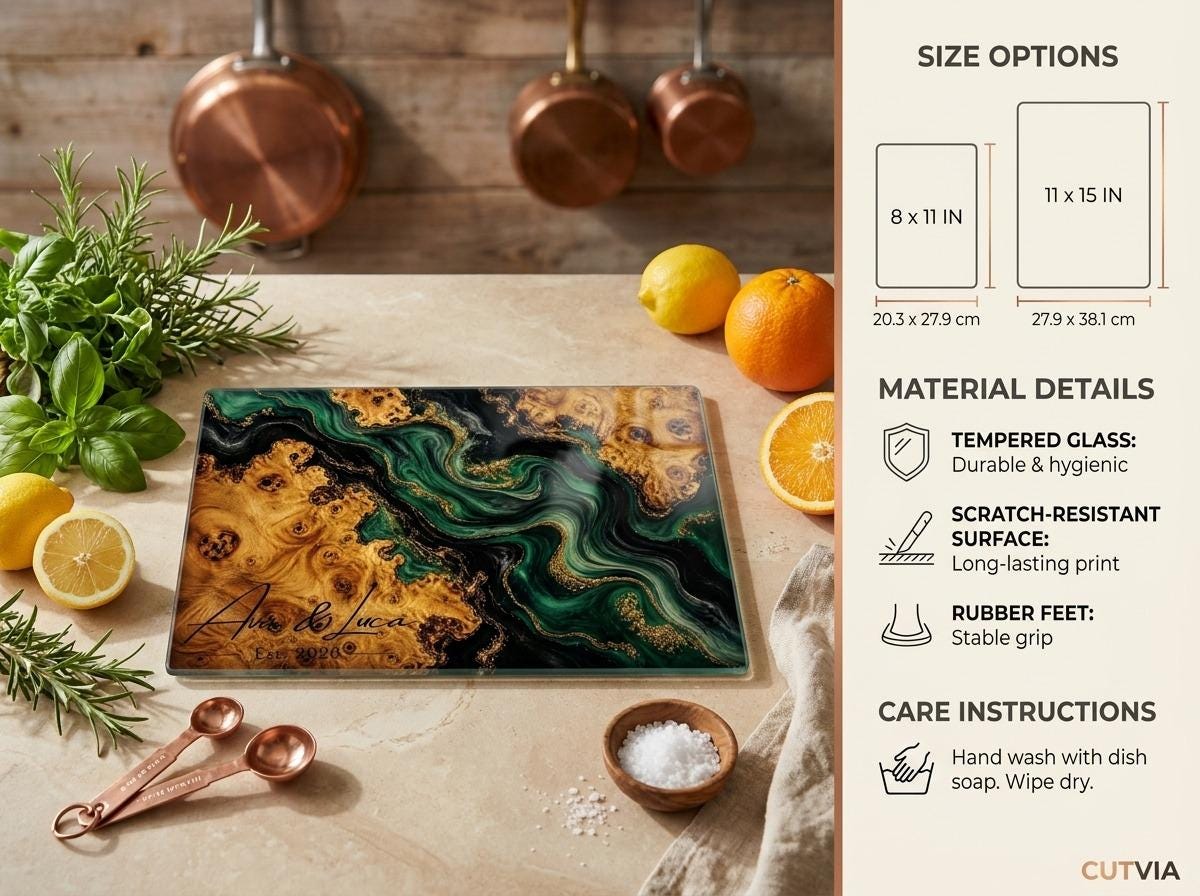 Personalized Green Geode Glass Cutting Board, Custom Couple Name Serving Tray