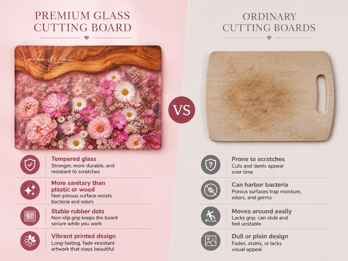 Personalized Floral Cutting Board, Pink Wildflower Glass Board, Custom Kitchen Gift