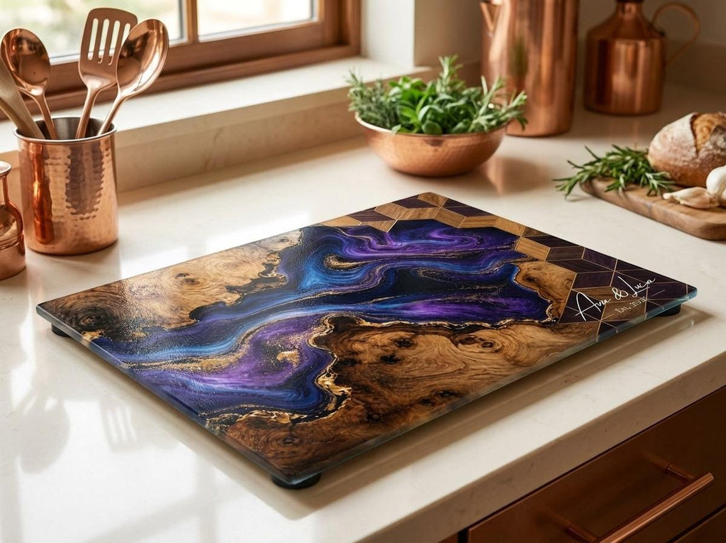 Personalized Glass Chopping Board, Blue Purple Resin River Look, Custom Family Name Kitchen Gift