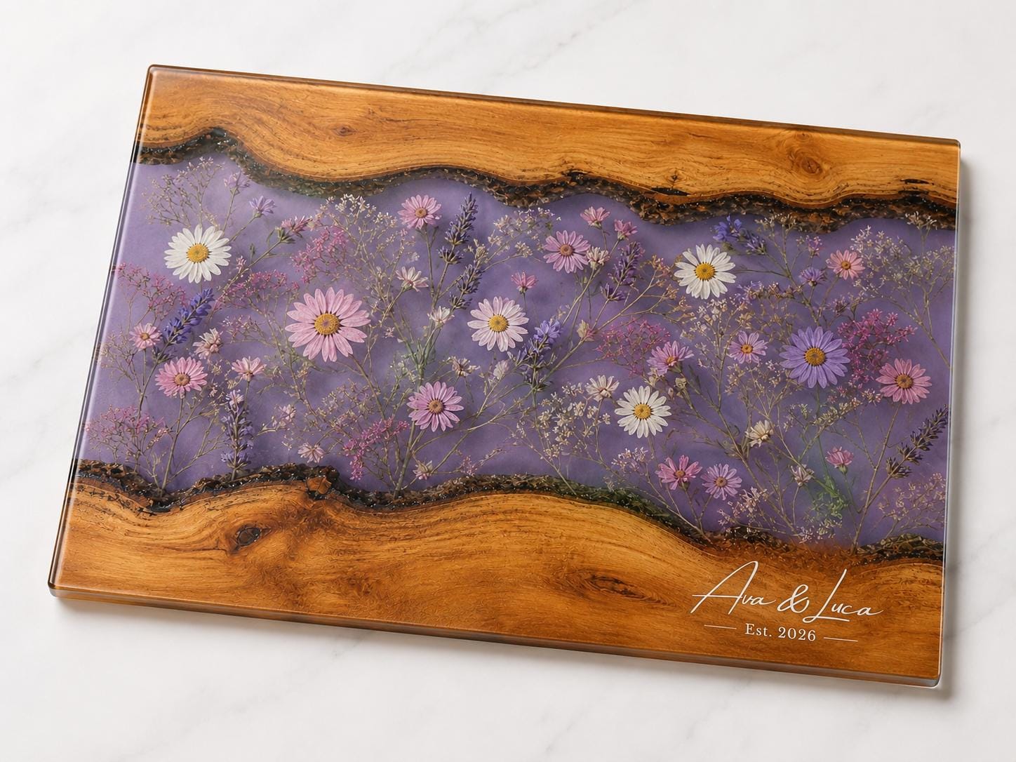 Glass Charcuterie Board - Custom Names, Blue and Wood Grain Design