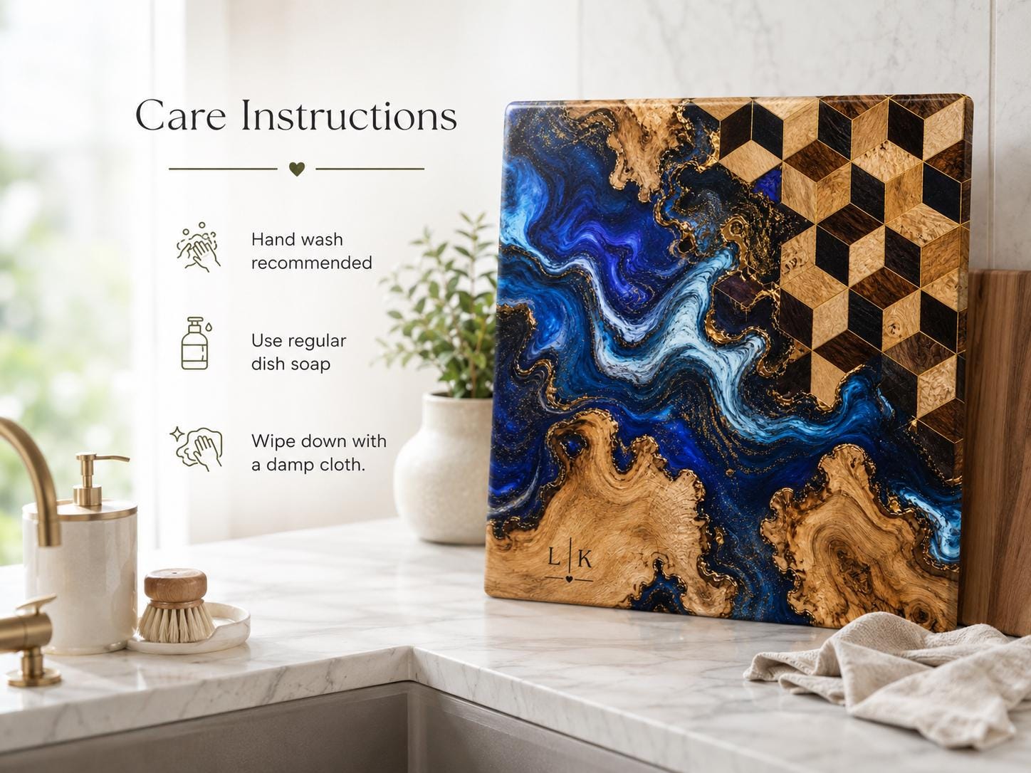 Personalized Glass Cutting Board, Blue Resin & Wood Design (8x11 or 11x15)