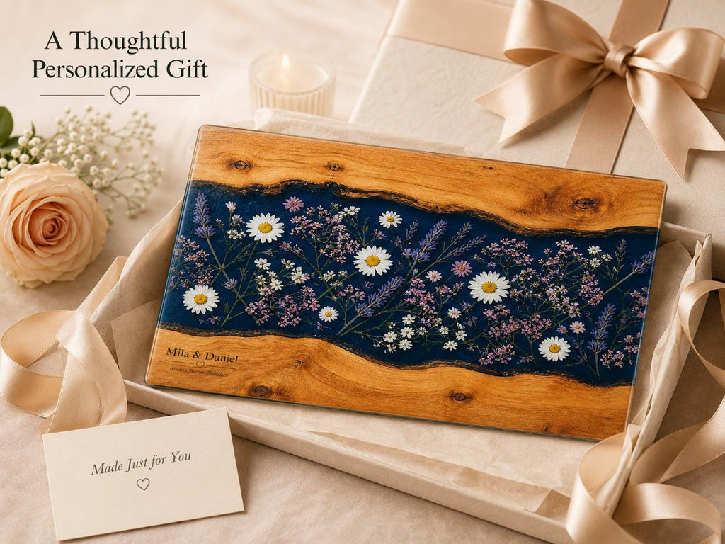 Personalized Glass Cutting Board, Blue Resin & Wood Design (8x11 or 11x15)