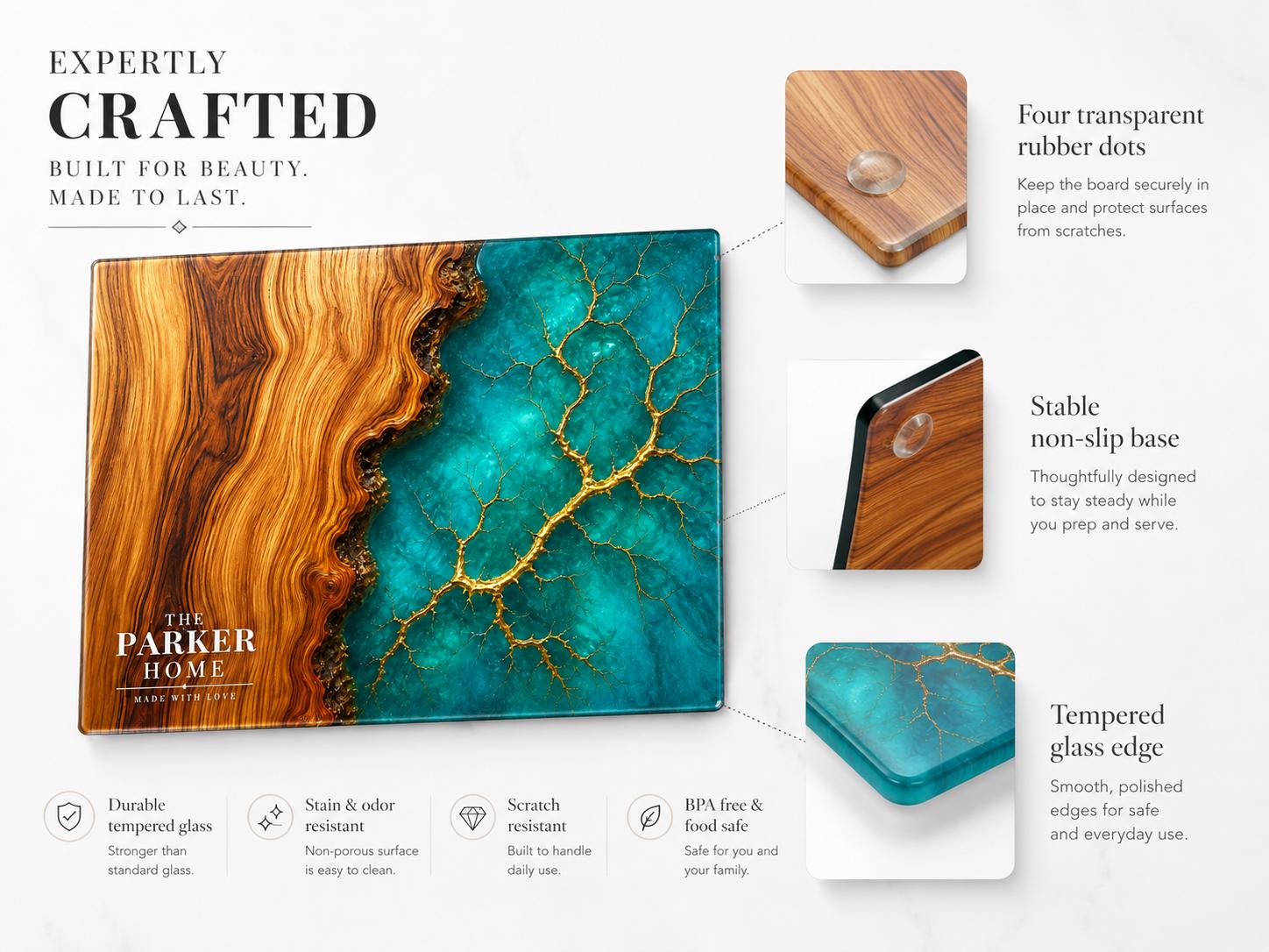 Personalized Glass Charcuterie Board, Teal Wood Look Serving Board, Custom Cheese Board Gift for Wedding or Housewarming