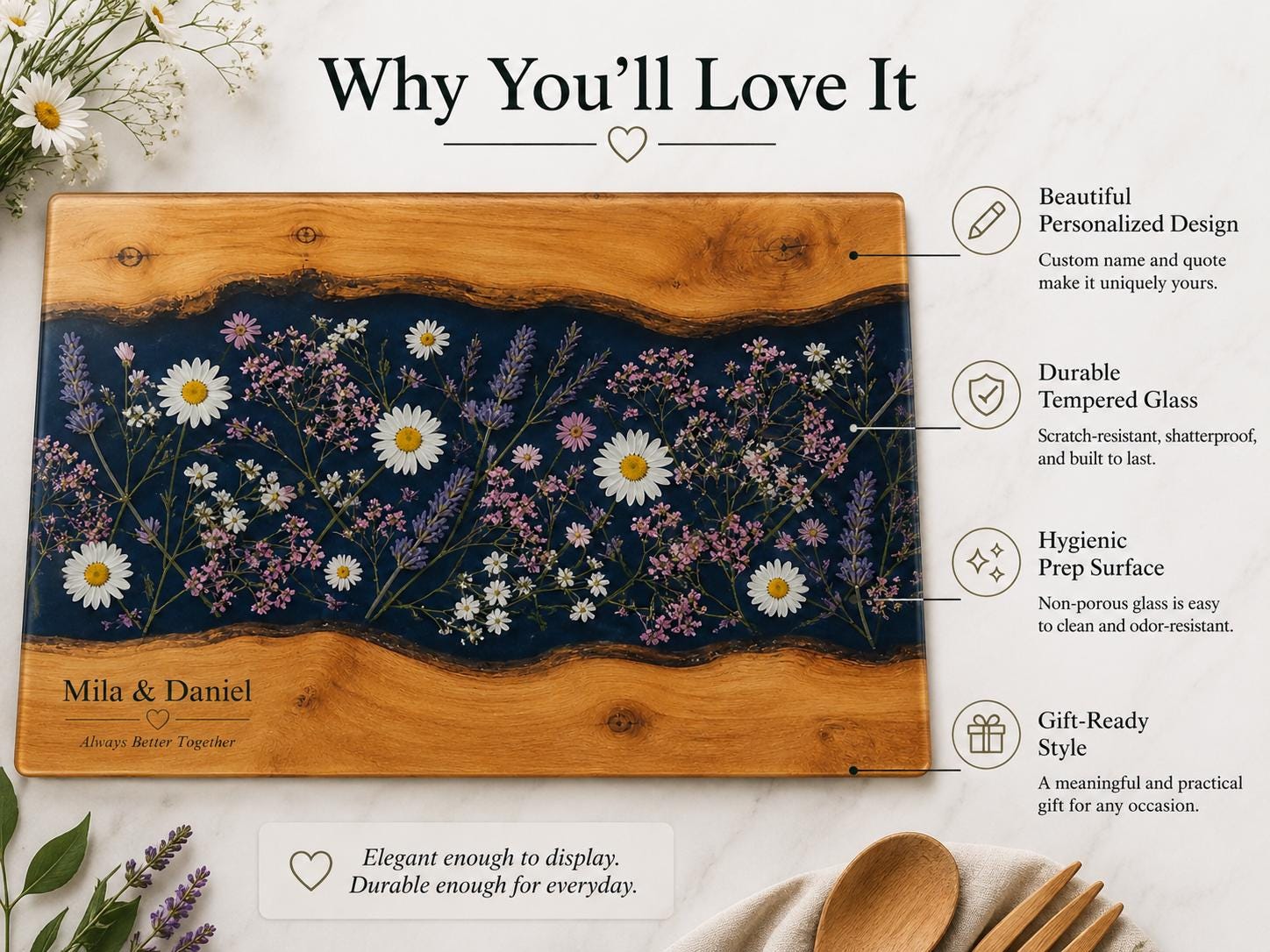 Personalized Glass Cutting Board, Blue Resin & Wood Design (8x11 or 11x15)
