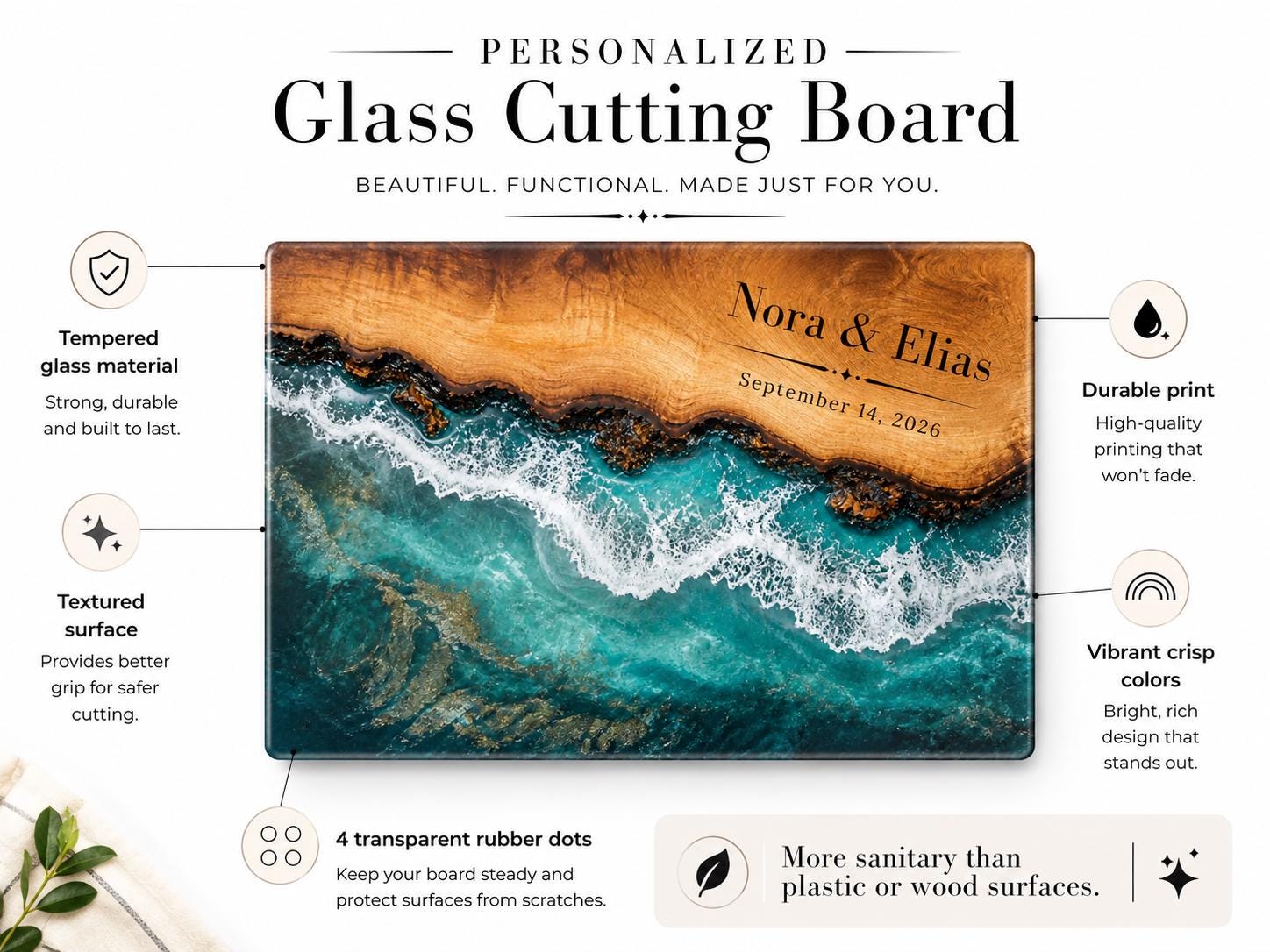 Personalized Beach Cutting Board, Ocean Wave Glass Board, Custom Couple Kitchen Gift
