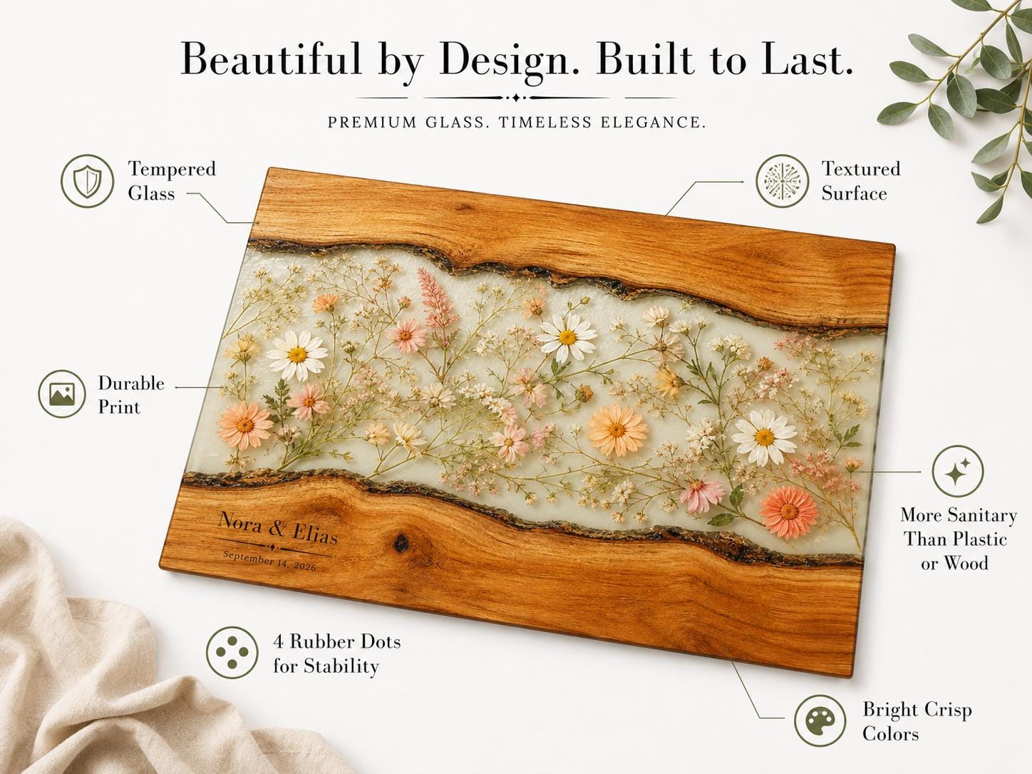 Personalized Cutting Board, Ivory Floral Cheese Board, Wedding Gift Idea