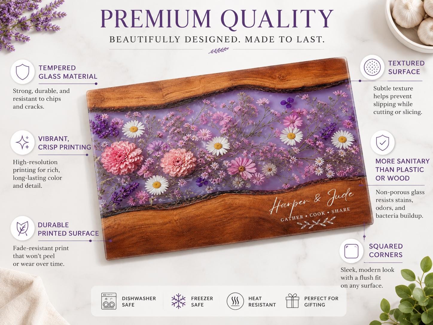 Personalized Floral Cutting Board, Purple Wildflower Glass Board, Custom Kitchen Gift for Housewarming