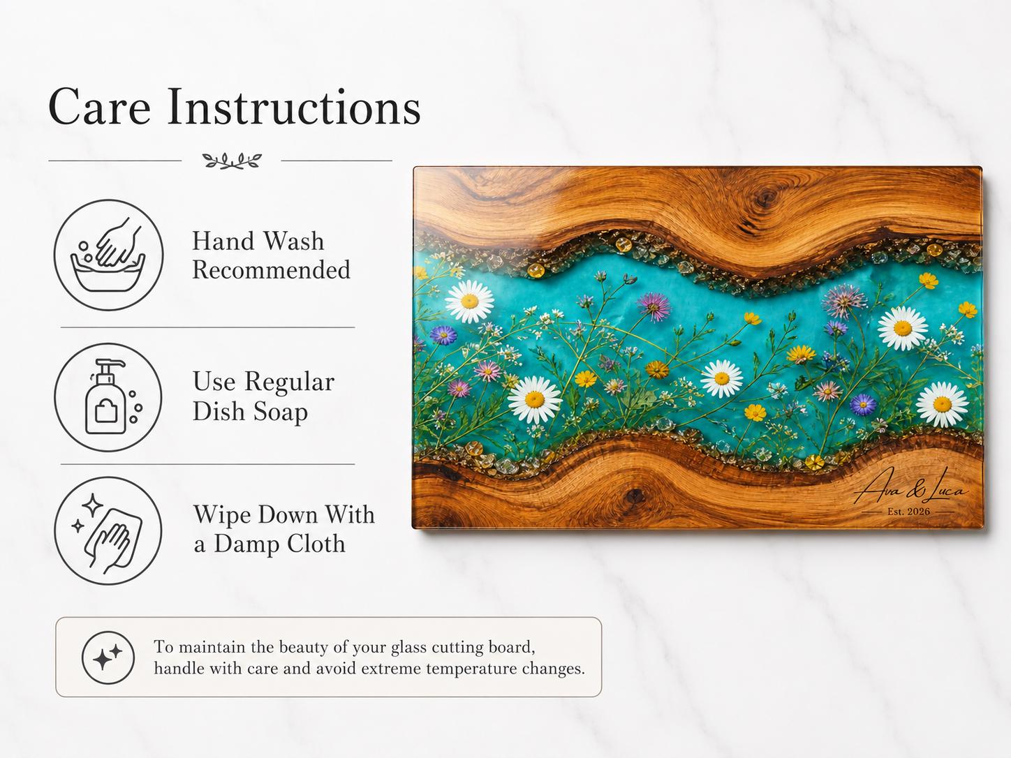 Personalized Turquoise Floral Glass Board, Custom Couple Cutting Board, Wildflower Kitchen Gift