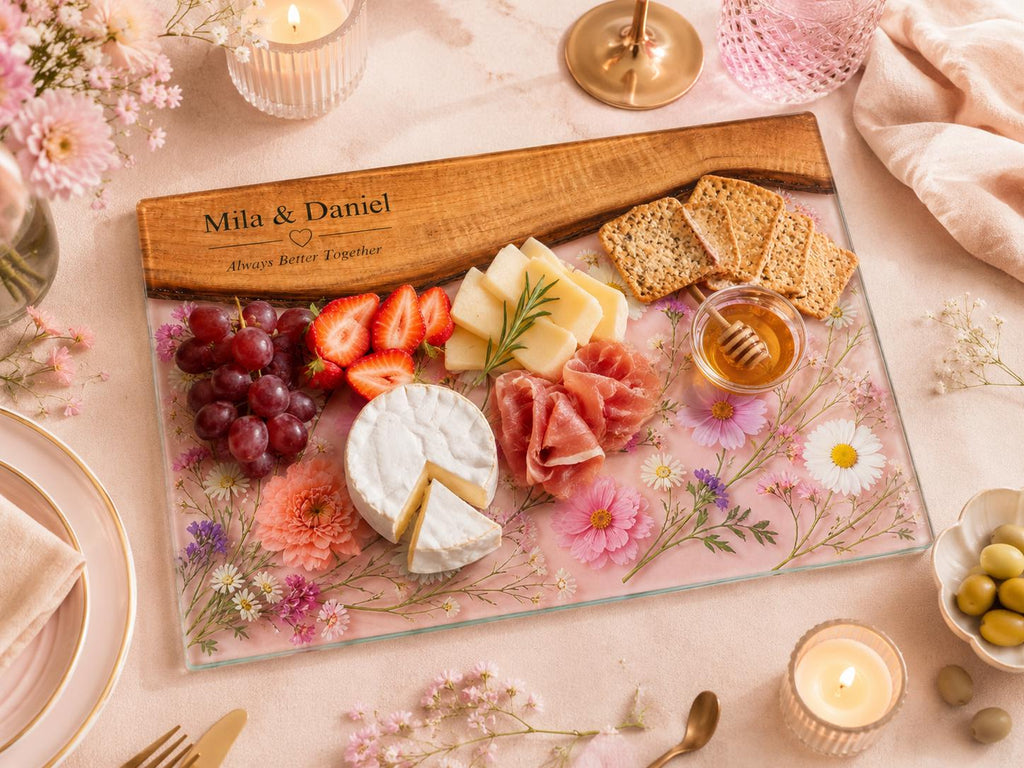 Personalized Floral Charcuterie Board, Pink Glass Serving Board, Custom Couple Cheese Board Gift