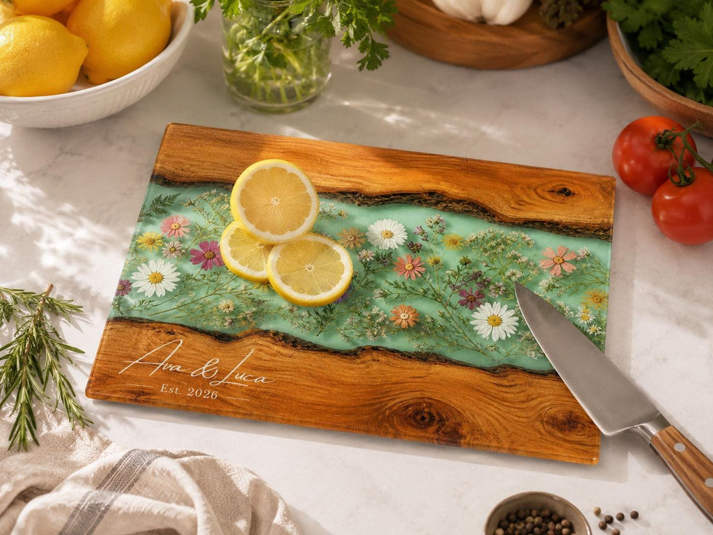 Custom Chopping Board with Names, Mint Floral Glass Cutting Board, Personalized Kitchen Gift