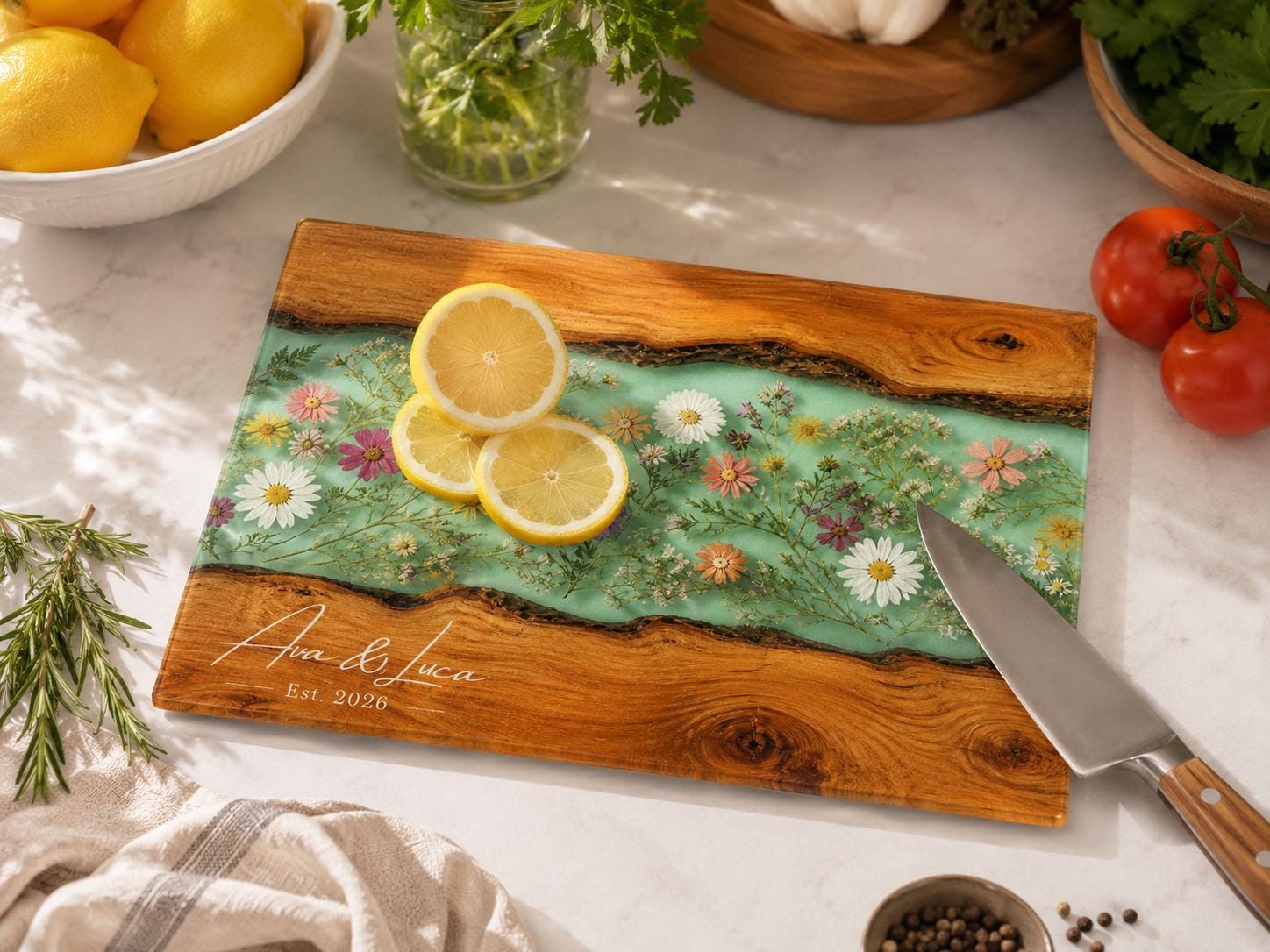 Custom Chopping Board with Names, Mint Floral Glass Cutting Board, Personalized Kitchen Gift