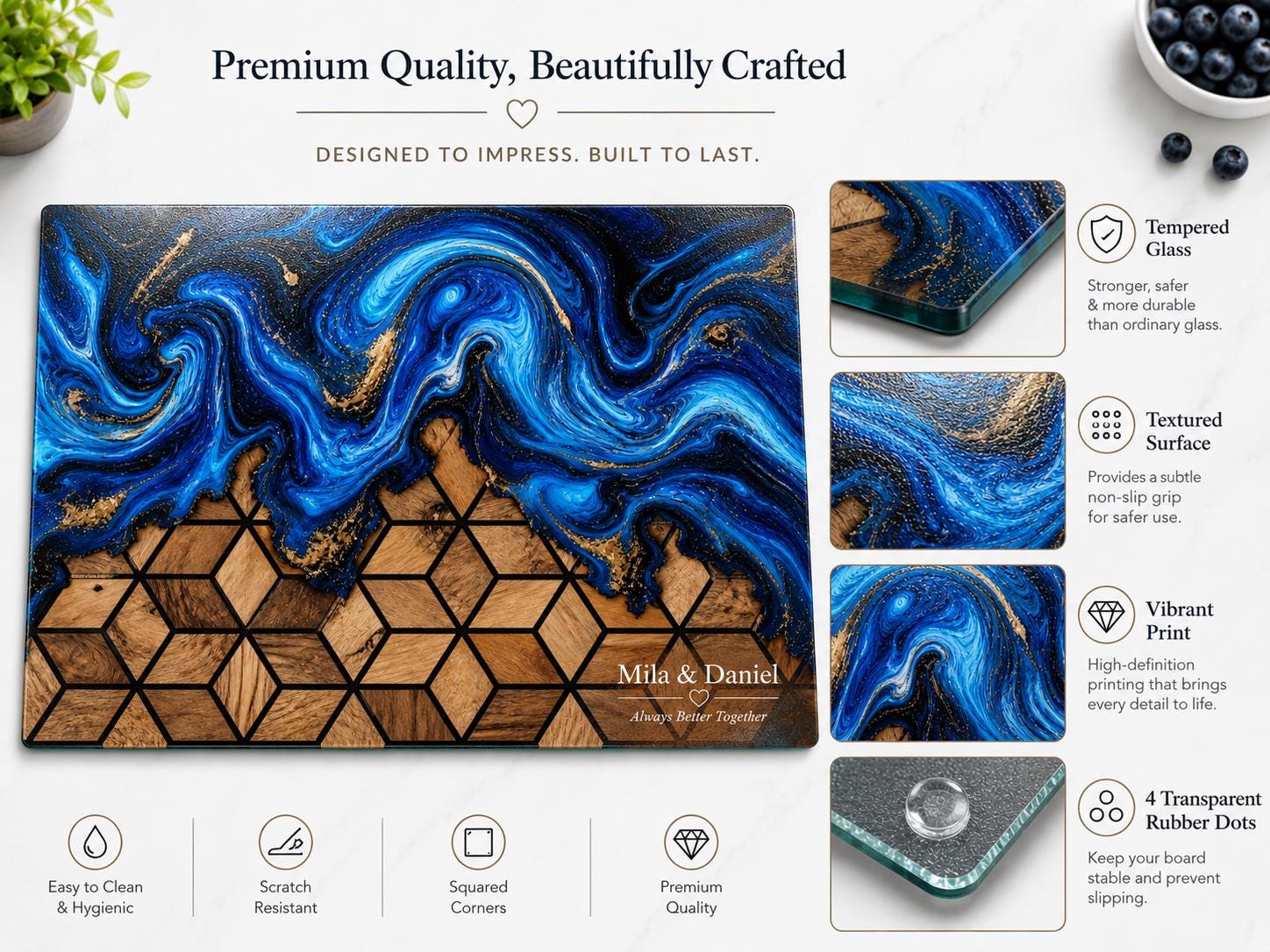 Custom Glass Cutting Board: Blue Resin Style - Names and Dates Included