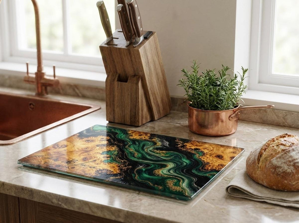 Personalized Green Geode Glass Cutting Board, Custom Couple Name Serving Tray