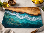 Personalized Beach Cutting Board, Ocean Wave Glass Board, Custom Couple Kitchen Gift