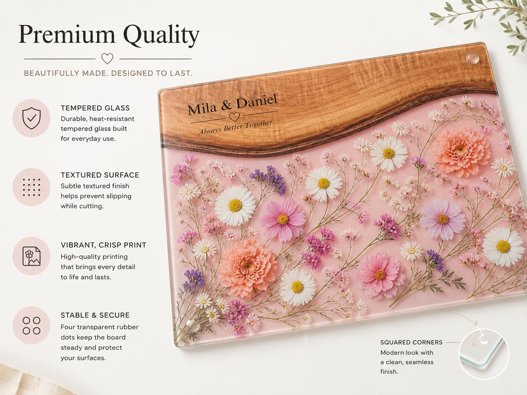 Personalized Floral Charcuterie Board, Pink Glass Serving Board, Custom Couple Cheese Board Gift
