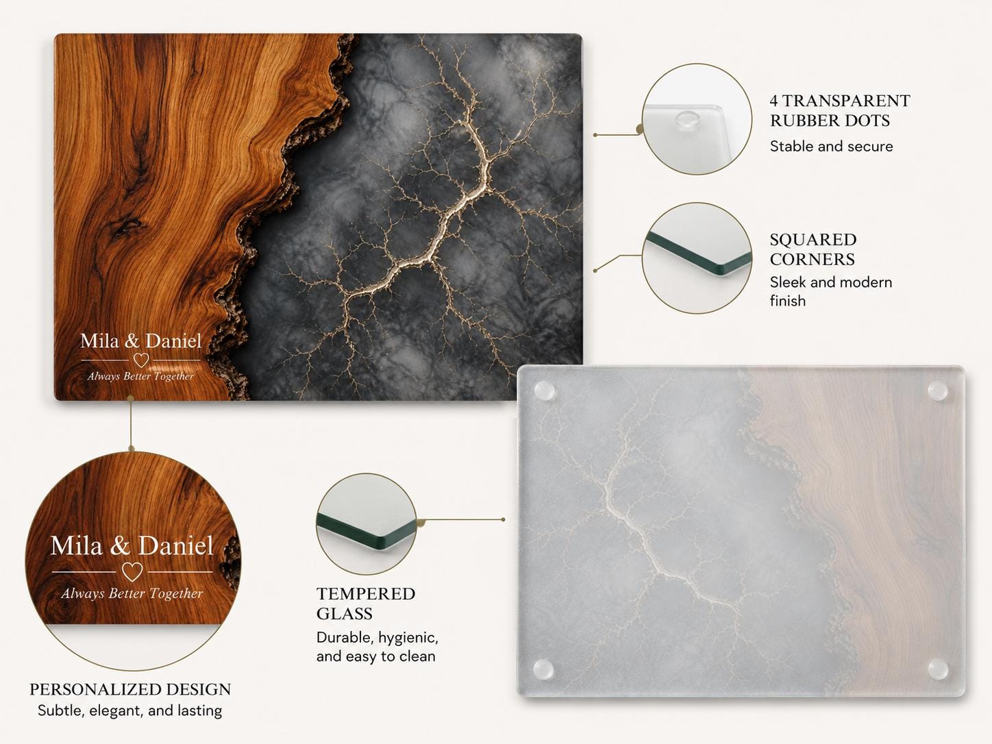 Personalized Cutting Board, Glass Gray Marble Chopping Board, Wedding Gift Idea